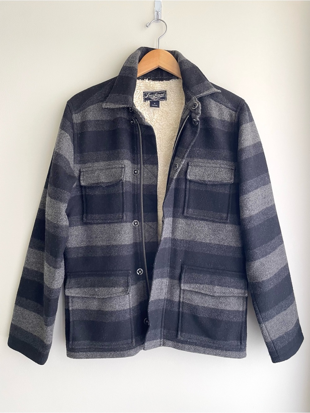Lucky Brand Wool Black and Gray Striped Sherpa-Lined Heavy Field Jacket